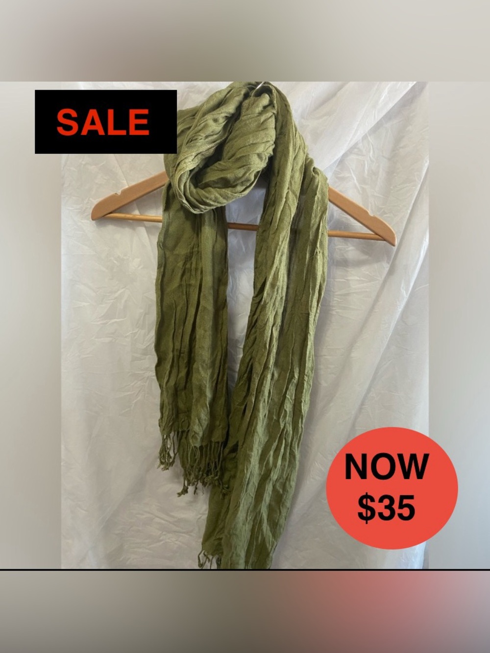 H&M Vintage Olive Green Crinkle Scarf – Boho Fringe Summer Wrap Stole EUC*
